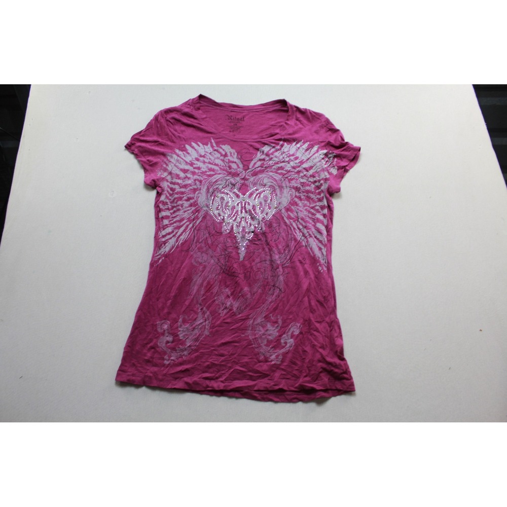 Ritual Graphic Tee Women One Extra Large Magenta Y2K Wing Heart Rhinestone